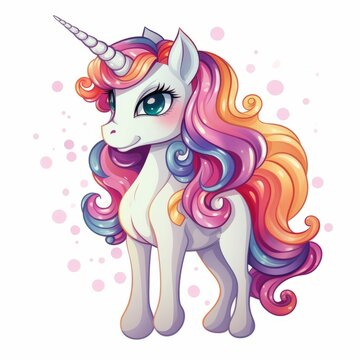 Illustration of a colourful cartoon unicorn with a rainbow coloured mane and blue eyes created with Generative AI technology