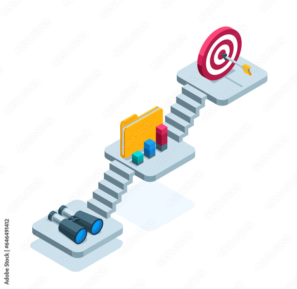 Poster isometric platforms connected by steps with icons of a benocular and a folder with a chart, as well 