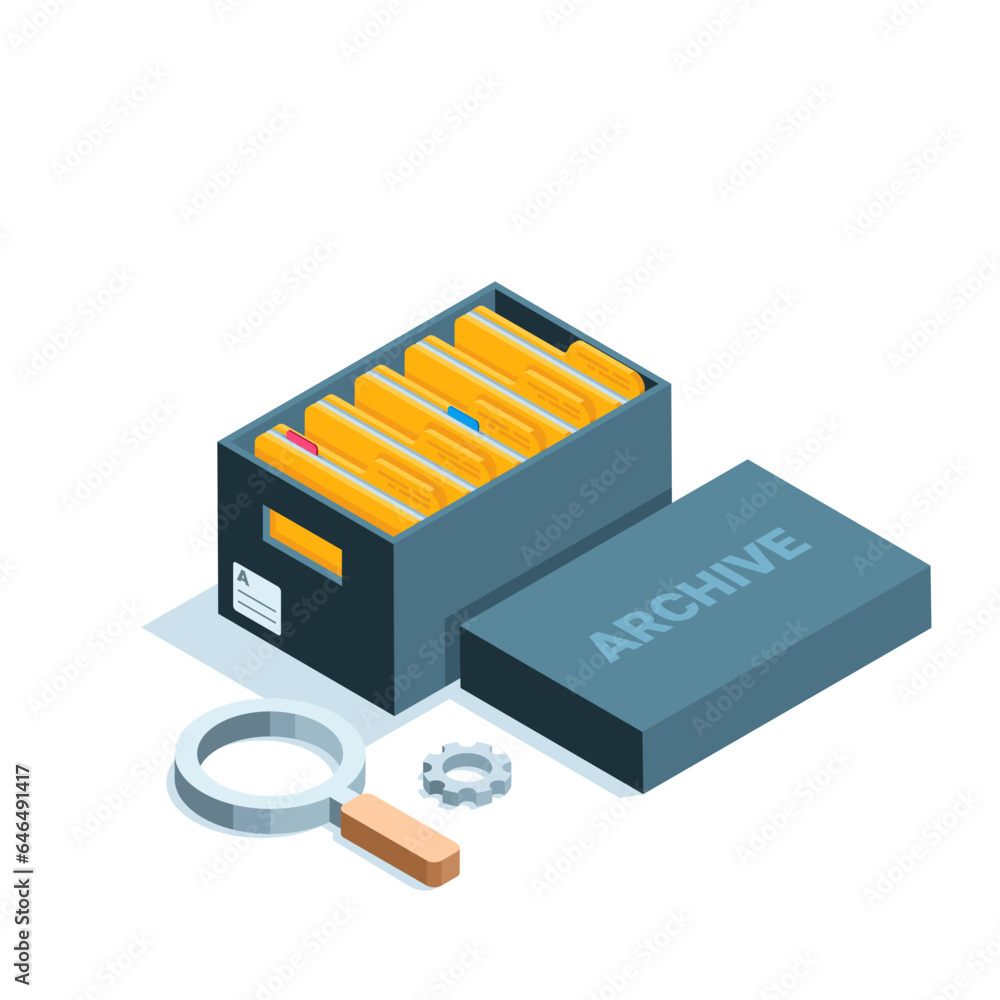 Poster isometric archive box with folders in color on white background, archive or file storage