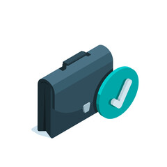isometric business briefcase with check mark icon in color on white background, acceptance or approval