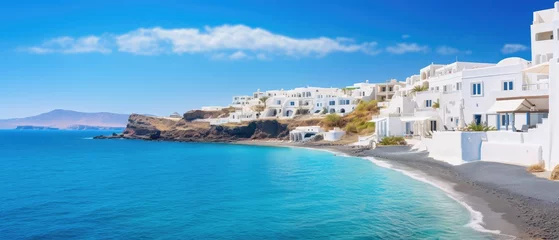 Fototapeten Santorini style of luxury beach sea view hotel and resort with blue sky, Generative AI © khwanchai