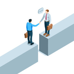 isometric man with a briefcase greeting another man in color on a white background, shaking hands or reaching an agreement