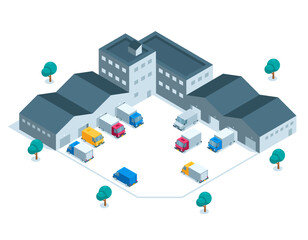 isometric industrial object in the form of a warehouse and vehicles in color on a white background, cargo loading and transport cargo transportation