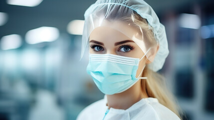 Close-up of doctor or nurse with surgical mask and protective