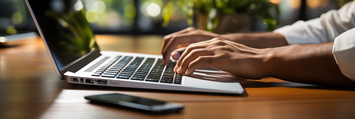 Wide banner of a man hands typing with a laptop and a mobile phone next to it wide web background banner  - obrazy, fototapety, plakaty