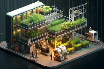 Vertical farming plant factory for vertical vegetable farming using robots and isometric illustration. Generative AI - obrazy, fototapety, plakaty