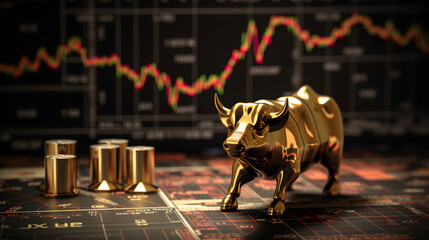 A golden bull statue with gold bars set against a rising stock market chart, representing financial success, investment, and bullish market trends.