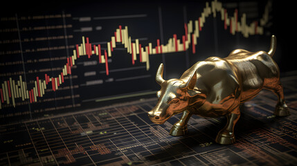 A golden bull statue symbolizing bullish market trends, positioned against a backdrop of dynamic stock market charts and candlesticks. Symbolizing Market Optimism and Growth.