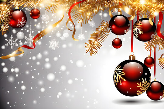 Christmas decorations on white background. Red balls on golden branches. Elegant Christmas background
