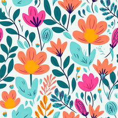 Flowers spring colour palette seamless pattern, AI Generated