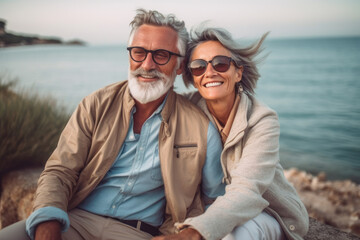 Senior couple sitting by the sea on a sunny day. They are smiling and looking at the camera.