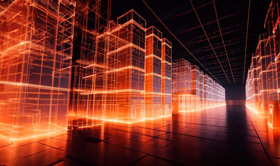 Modern logistics warehouse with orange holograms. Digital warehouse of the future