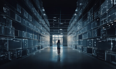 One person is standing in a large logistics warehouse. Modern digitized warehouse background