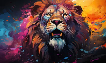 Poster Abstract, colorful portrait of a lion on a colored background. © Andreas