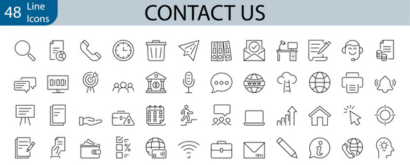 Fototapeta na wymiar set of 48 line web icons Contact us. Support, message, phone, globe, point, chat, call, info. Collection of Outline Icons. Vector illustration.