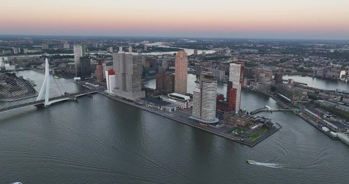 Aerial drone view of the kop van Zuid in Rotterdam. High rise buildings.