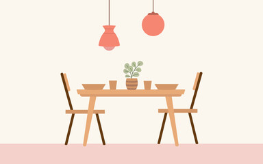Dining table in the kitchen with chairs, plates and glasses. Flat vector illustration in cartoon style