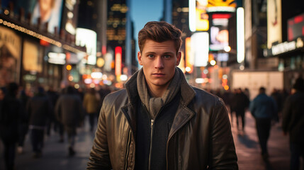 Young male model in winter attire, striking a pose in Times Square, New York; quintessence of city...