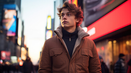 Young male model in winter attire, striking a pose in Times Square, New York; quintessence of city winter fashion.