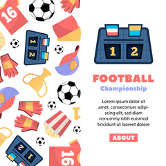 soccer football banner. cartoon set of isolated objects, sports equipment, ball cup, tshirt, scoreboard, mittens, uniform. vector cartoon footbal competition activity vertical banner.