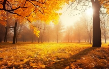 Beautiful autumn landscape with yellow trees and sun. AI, Generative AI