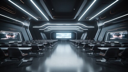 Futuristic classroom in school of the future. Classroom for classes or lectures - obrazy, fototapety, plakaty