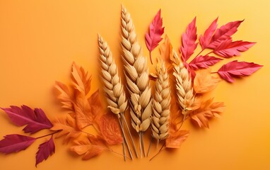 Beautiful autumn leaves with wheat ears on color background. AI, Generative AI