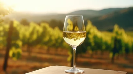 Foto op Plexiglas A glass of white wine against the backdrop of vineyards in the sun. © brillianata