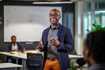 Engaging African American Speaker Delivers Dynamic Corporate Presentation in Professional Boardroom, Captivating and Inspiring the Audience. created with Generative AI