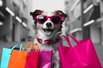 Cute dog in sunglasses with shopping bags on a blue background