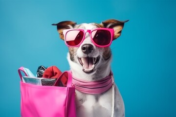 Cute dog in sunglasses with shopping bags on a blue background