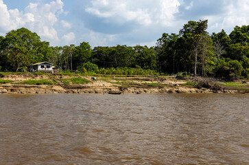Shack between the Amazon river and the Amazon rainforest in Brazil, South America - viewed from...