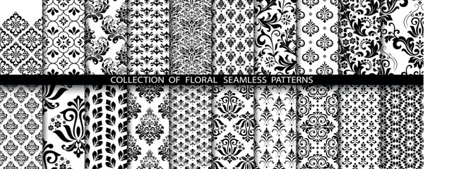 Fototapeta na wymiar Geometric floral set of seamless patterns. White and black vector backgrounds. Damask graphic ornaments.