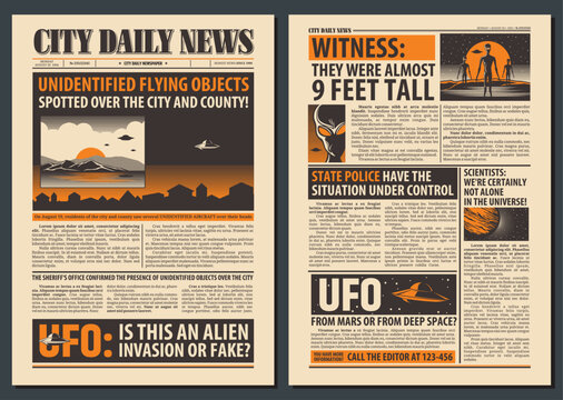 Newspaper template. Extraterrestrial alien, UFO and space planets on newsprint paper vector background. Newspaper front page layout with alien invasion headline, flying saucer and martian articles