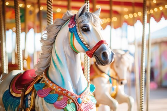 Horse - rocking chair of different colors on merry-go-round, close-up