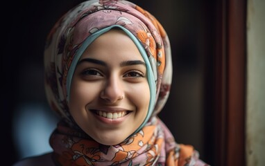 Cheerful woman in headscarf. AI, Generative AI