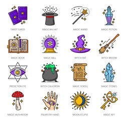 Color witchcraft magic icons. Esoteric, astrology, mystery symbols of Halloween, medieval alchemy. Thin line witch hat, tarot cards, broom, potion and cauldron, magician wand, book, ball and crystal