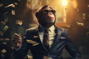 Fotobehang Chimpanzee in modern suit with sunglasses, cash money is flying © Denis