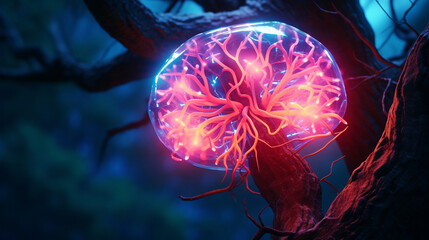 sci-fi neon brain with cobweb between trees generative ai