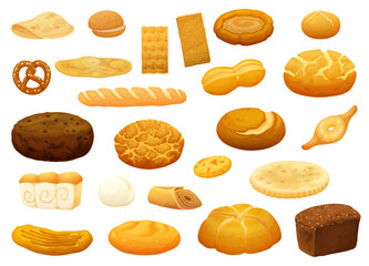 Isolated bread and bakery. Bakery crusty products, bakehouse fresh pastry or bakeshop freshly baked cartoon vector bread. Isolated pretzel, burger bun, chapati, tandoor flatbread and barmbrack
