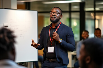 Dynamic African American Speaker Engages Corporate Audience with Insightful Presentation in Professional Boardroom. created with Generative AI