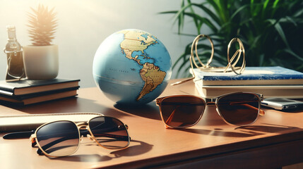 Travel concept with globe and world maps - obrazy, fototapety, plakaty