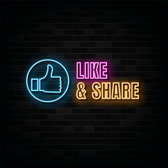 Obraz premium Like and Share Neon Signs Vector Design Template Neon Style