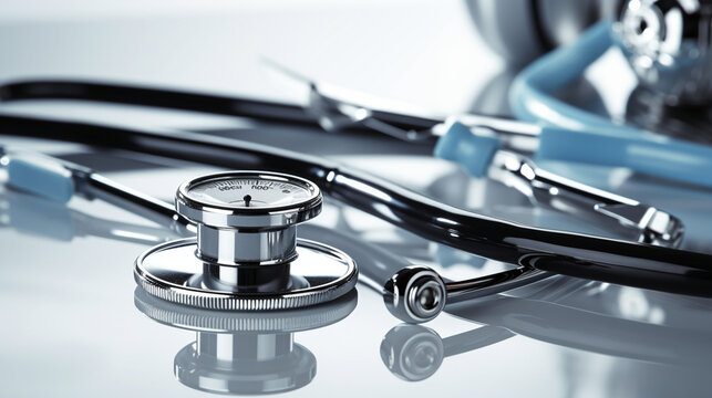 A close-up of a stethoscope and medical instruments on a clean, sterile surface, representing the healthcare industry and medical health, Health, Background