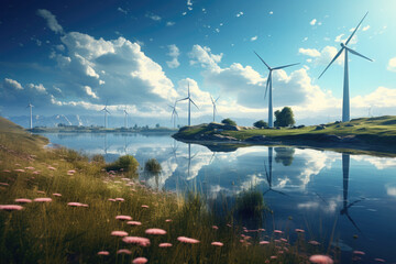 Windmill Farm on Grassy Plains with River, Blue Sky, and Clouds: Symbol of Smart Electricity and Environmental Preservation, Generative AI