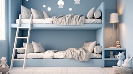 Children room with built-in bunk bed in blue pastel color background.