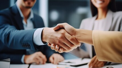 Business people are handshake after meeting with partnership at office, Closeup of employees shaking hands in team agreement.