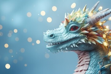 Obraz premium Christmas blue dragon decorated with garland on a blue background with Christmas lights.