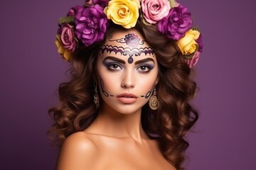 Obraz premium Portrait of pretty brown girl with holiday makeup day of the dead and flowers on her head on purple background.