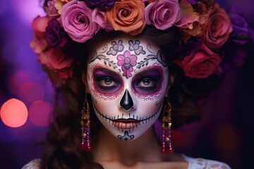 Portrait of pretty brunette with holiday makeup day of the dead and flowers on her head on purple background.